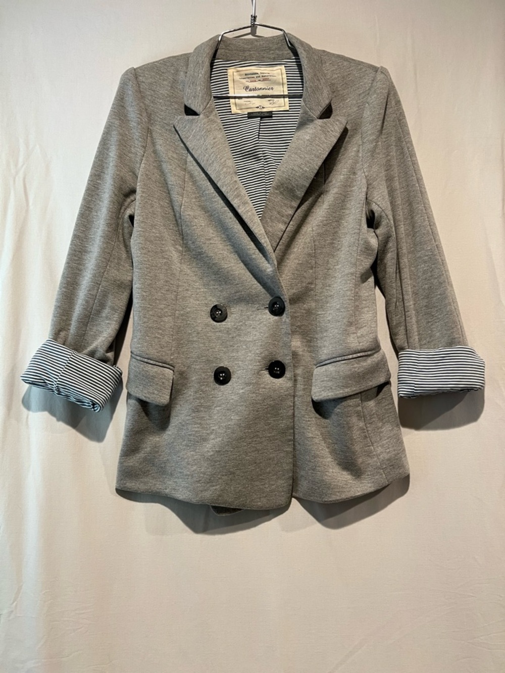 Cartonnier Gray Knit Blazer Double Breasted Stretch Jacket S Blue striped lining
